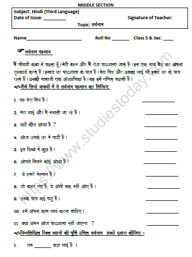 Cbse Class 5 Hindi Pronoun Worksheet Set C